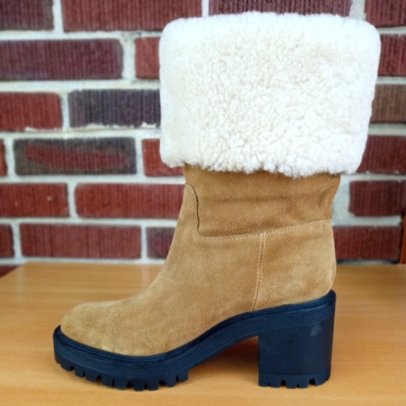 NWT Marc Fisher Ltd. 'Willoe' Shearling Lined Cuffed Ankle Boot in Tan Suede - Picture 5 of 8
